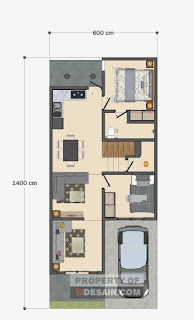 Denah Rumah Minimalis 6x14 Meter 4 Kamar Tidur dan Balkon Depan