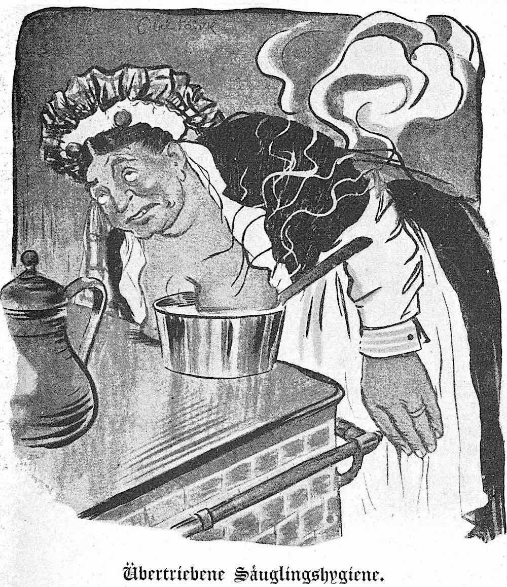 an old German cartoon about infant hygiene and breast feeding