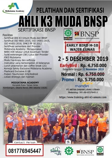 Ahli K3 Muda BNSP tgl. 2-5 Desember 2019 di Jakarta (utk SMA)
