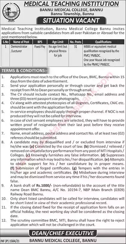 New Jobs in Bannu Medical College Jobs 2021