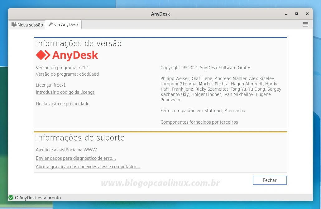 AnyDesk executando no Fedora 36 Workstation