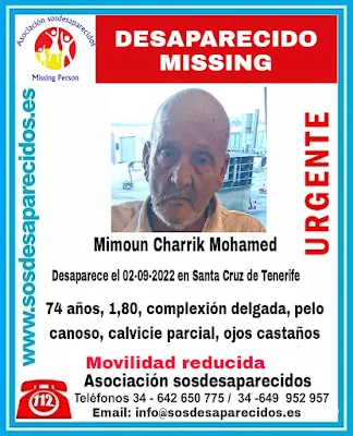 Mimoun Charrik Mohamed hombre de 74 años desaparecido  con movilidad reducida, en Tenerife