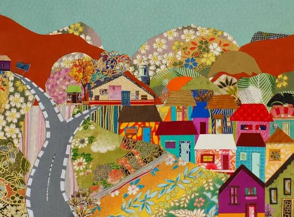 colorful paper collage of forked road leading to mountains or village