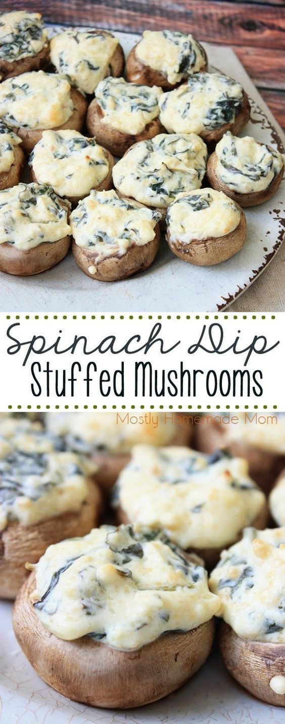 These Spinach Dip Stuffed Mushrooms are the perfect appetizer or snack! Fresh spinach sauteed with garlic, combined with cream cheese, and stuffed into fresh whole mushrooms. These are so addicting!