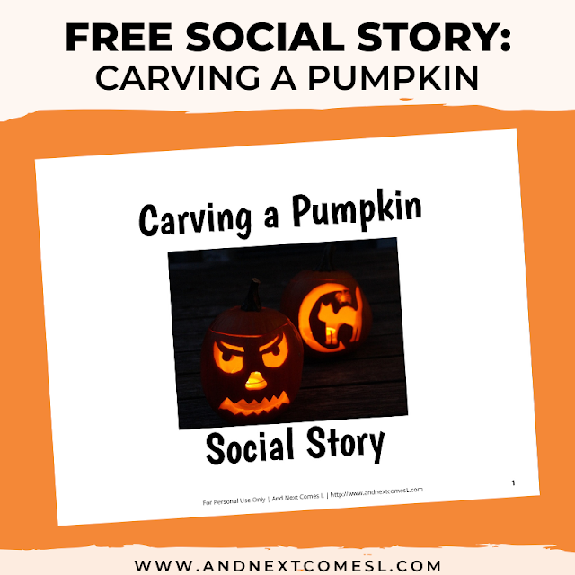 Free printable Halloween social story for kids with autism about carving a pumpkin