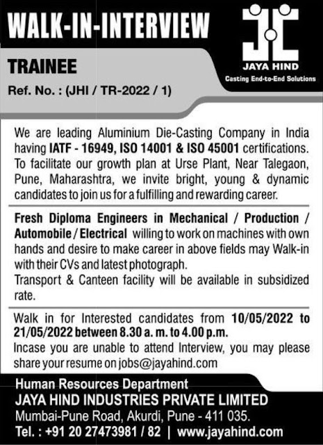 JAYA HIND INDUSTRIES PVT. LTD - Walk-In Interview on 10th to 21st May 2022 for Mechanical / Production / Automobile / Electrical Engineers AndhraShakthi - Pharmacy Jobs