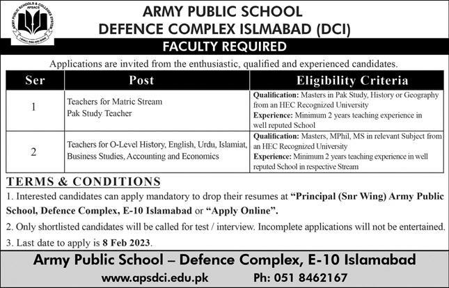 Latest Army Public School APS Teaching Posts Islamabad 2023