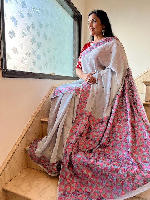 Grey & pink hand embroidered phulkari saree