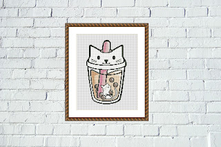 Boba tea cat cross stitch - Tango Stitch