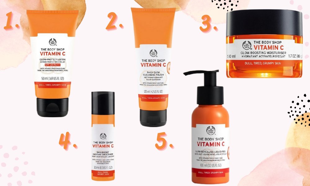 Collage showing a range of body shop skincare from the vitamin c range