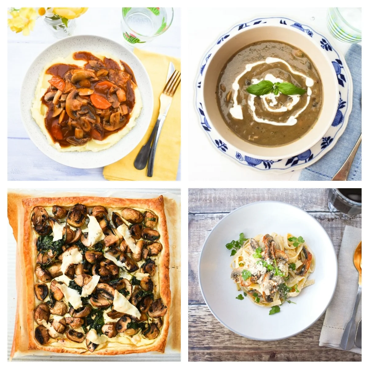 vegan mushroom dishes - a stew, a pasta dish, a soup and a tart