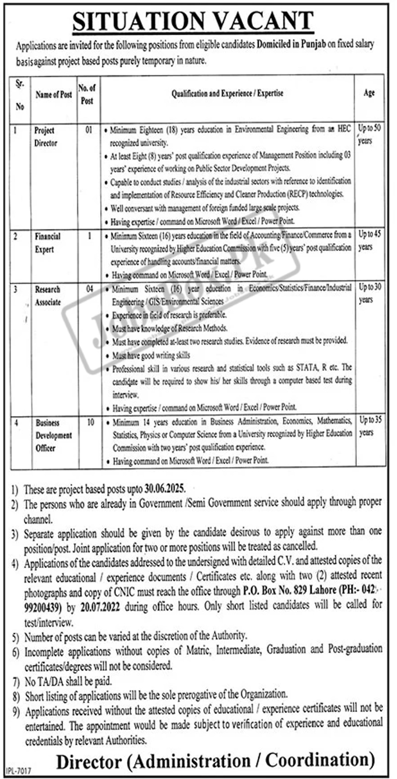 Punjab Govt Jobs 2022 - PO Box No 829 Lahore Jobs 2022