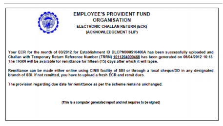 ECR Acknowledgement Slip