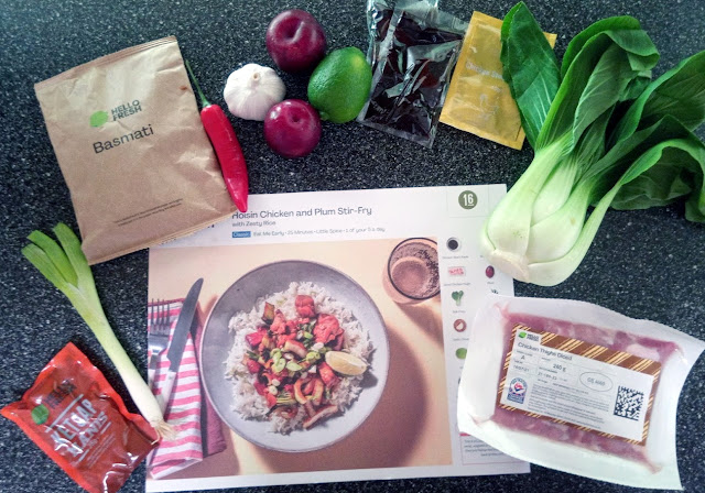 Hello Fresh ingredients and recipe card laid out