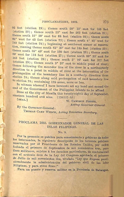 Proclamation 8 series of 1909 in English and Spanish.
