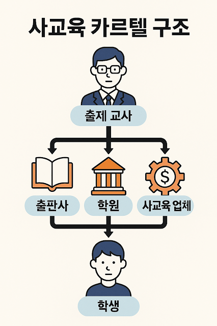 사교육 카르텔 구조를 보여주는 인포그래픽으로, 출제 교사에서 출판사·학원·사교육 업체를 거쳐 학생에게 정보가 흐르는 연결 구조를 화살표로 표현