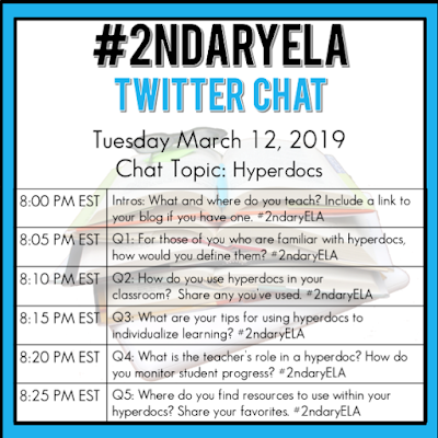 Join secondary English Language Arts teachers Tuesday evenings at 8 pm EST on Twitter. This week's chat will be about using Hyperdocs in the classroom.