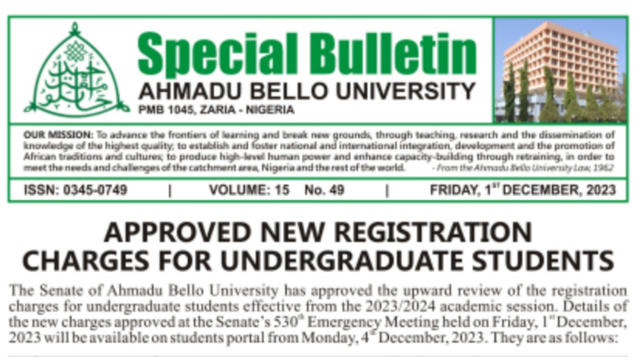 Ahmadu Bello University Undergraduate Approved Registration Fees 2023/2024