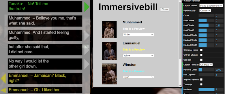 Pantalla de configuración de los subtítulos. En la ventana Immersivebill, el usuario puede modificar el color asignado a cada personaje. En la configuración del prototipo hay decenas de opciones. Se muestra una lista con los últimos subtítulos donde cada subtítulo tiene el nombre del personaje, un color y una flecha que indica dónde se sitúa el personaje.