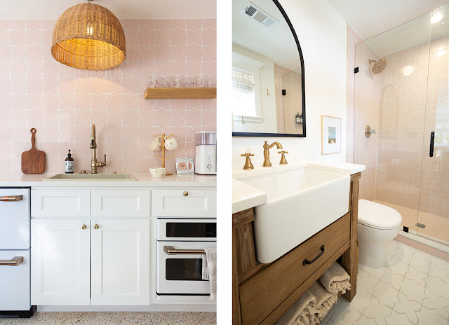 Collage of the the Blush Room kitchen and bathroom with white, blush, and natural wood palette.