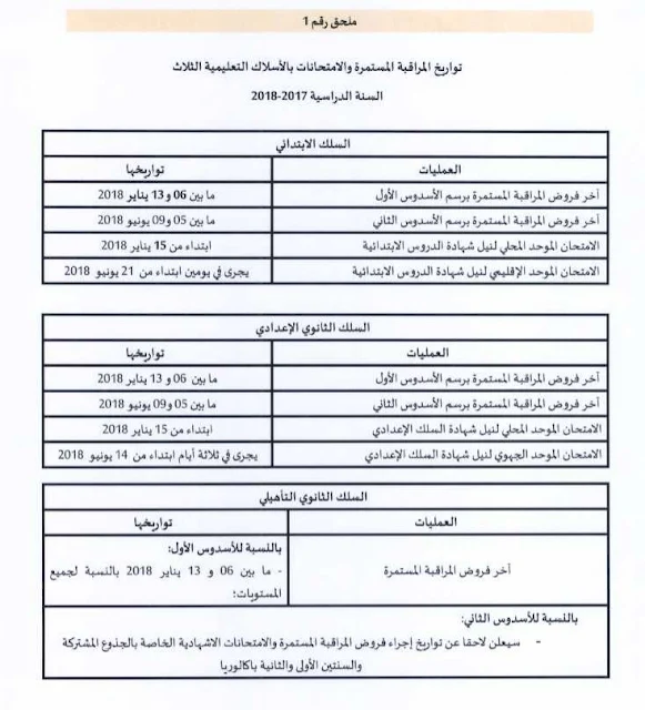 تواريخ المراقبة المستمرة  و الامتحانات بالأسلاك التعليمية الثلاث 2017/2018