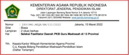 Seleksi Fasilitator Daerah PKB Guru Madrasah