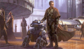 Jedi and a robot together in the city