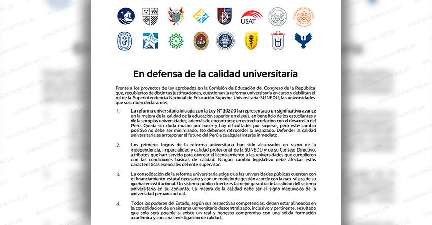 Universidades públicas y privadas de diversas regiones del Perú se pronuncian en favor de los jóvenes y familias que buscan educación universitaria de calidad