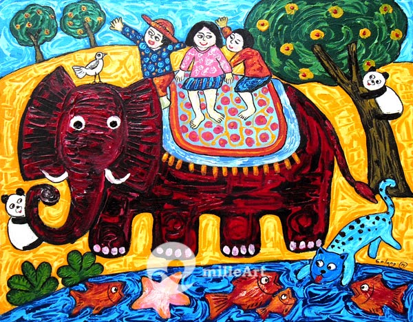 Jual Lukisan Gajah dan Anak Anak Naive MD 079 milieArt 