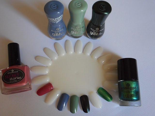 L-R: secret stories nail polish 01 can you keep my secret?, the gel nail polish 80 jeans on!, essence the gel nail polish 83 pretty cool life, essence the gel nail polish 85 wild and free, exit to explore nail polish 01 liana's in the jungle