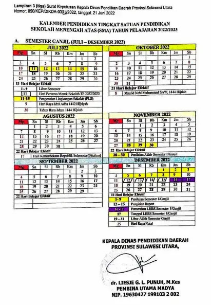 Kalender Pendidikan Provinsi Sulawesi Utara Tahun Pelajaran 2022/2023