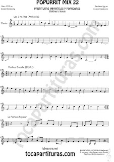  Partitura de Flauta Travesera, flauta dulce y flauta de pico Yankee Doodley, Las 3 hojitas, La Pastora Popurrí Mix 22 Sheet Music for Flute and Recorder Music Score 