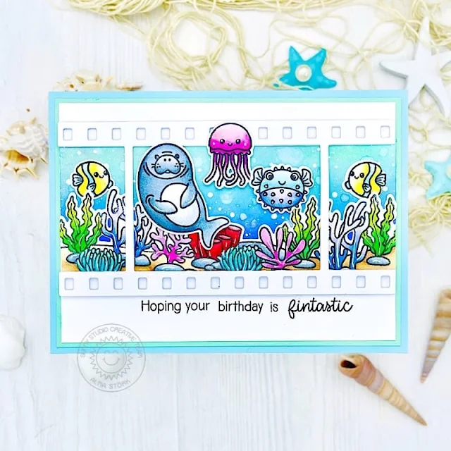 Sunny Studio Stamps: Fintastic Friends Card by Alma Störk (featuring Tropical Scenes, Fall Flicks Filmstrip Dies)