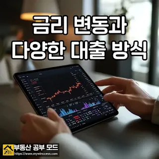 디지털 태블릿에서 모기지 옵션을 검토하는 사람, 깨끗하고 현대적인 작업 공간을 배경으로 인플레이션과 금리 추세 차트를 보여줍니다. "부동산 공부 모드" 블로그 글의 썸네일 이미지 입니다.