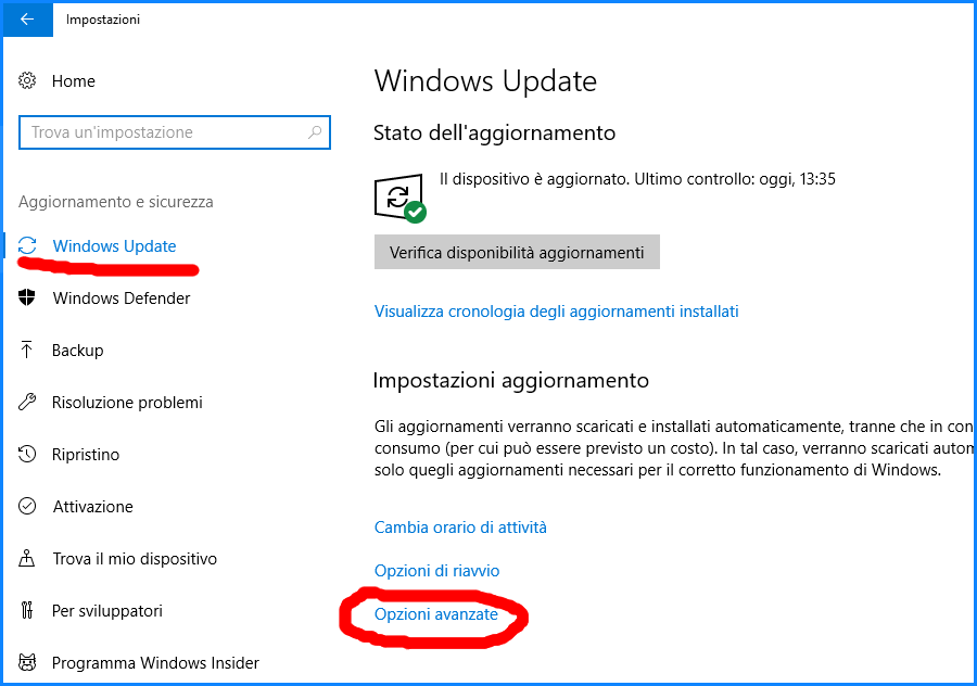 Impostazioni degli aggiornamenti di Windows Update