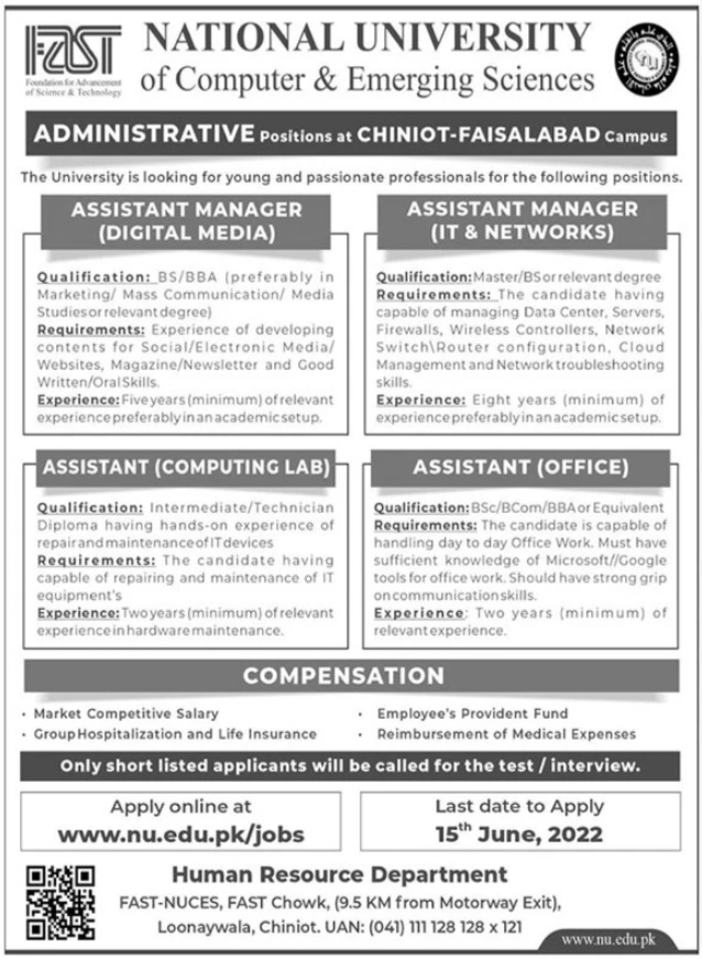 Latest National University of Computer and Emerging Sciences Management Posts Chiniot 2022