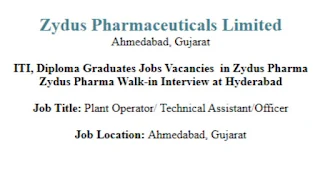 Zydus Pharmaceuticals Walk-In Interview 2024: ITI, Diploma Graduates Jobs Vacancies for Plant Operator, Technical Assistant and Officer Posts