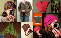 Various styles of hats, fingerless mittens, socks and a cardigan sweater.