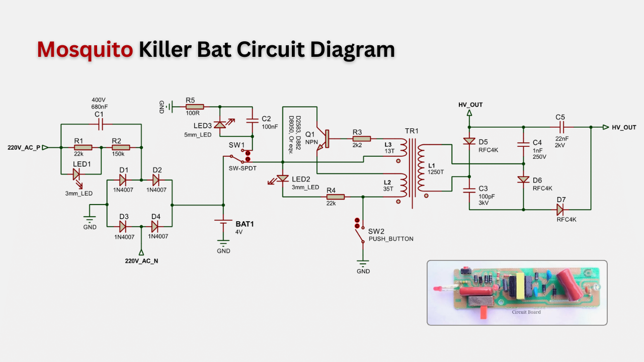 Schematic of Mosquito killer/zapper bat circuit