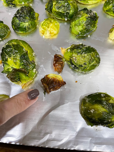 baking sheet of roasted Brussels sprouts