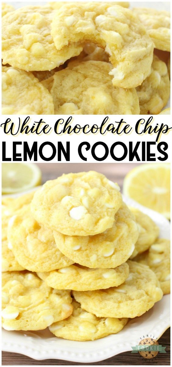 WHITE CHOCOLATE CHIP LEMON COOKIES - White Chocolate Chip Lemon Cookies are soft, chewy and perfectly sweet lemon cookies! White chocolate chips & lemon pudding mix add great flavor and texture to these delicious spring cookies. #cookies #lemon #baking #dessert #cookie #recipe from Family Cookie Recipes