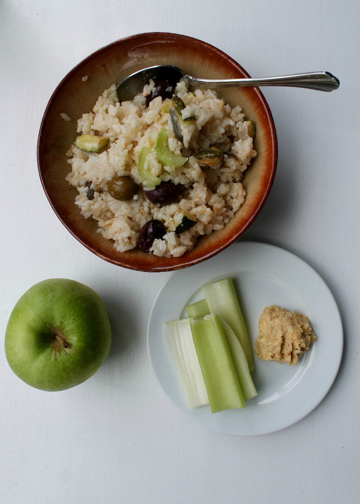 Rice and celery salad, hummus and apple - One Day Healthy Food Diary