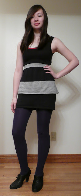 black grey tiered dress navy tights heeled oxfords outfit