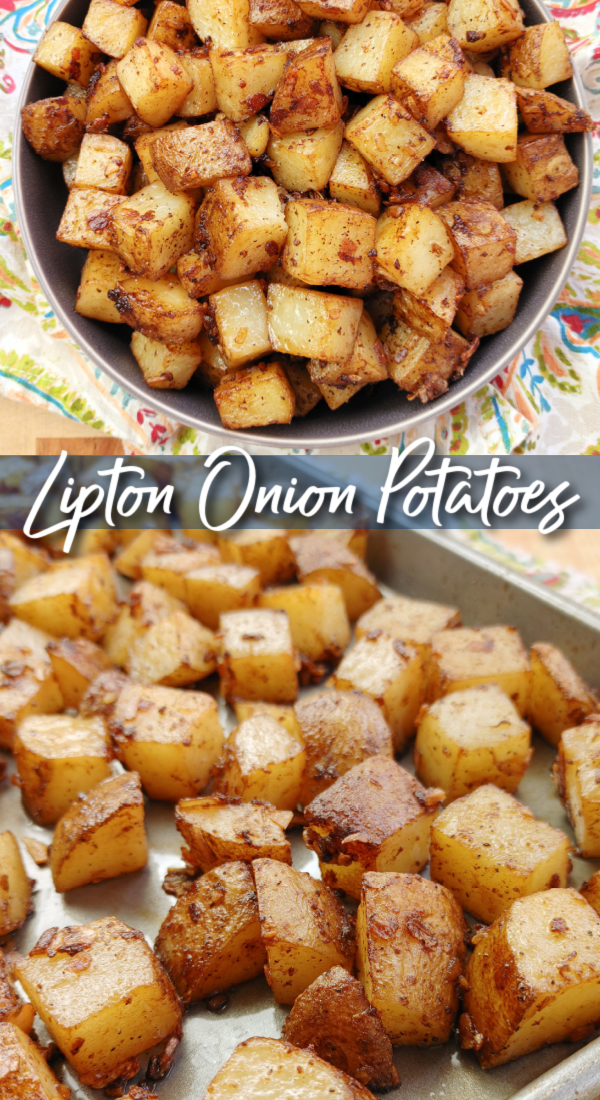 Easy Lipton Onion Roasted Potatoes! A simple side dish recipe for oven roasted potatoes seasoned with Lipton onion soup mix.