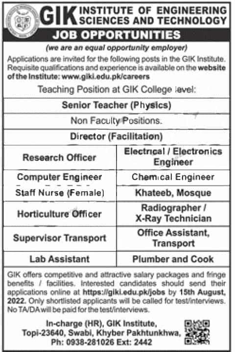 GIK Institute of Engineering Science and Technology Jobs 2022