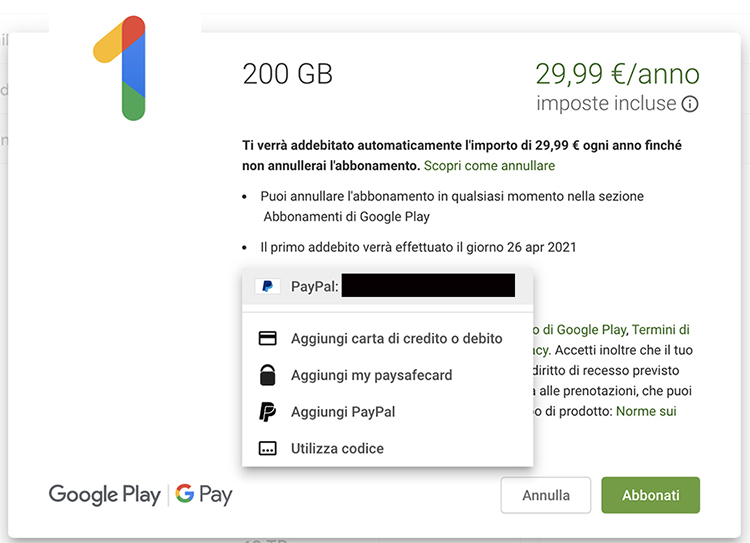 Pagamento piano di abbonamento Google One