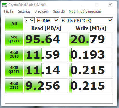 USB 3.0 16GB với kích cỡ file đọc ghi thử nghiệm 500MiB