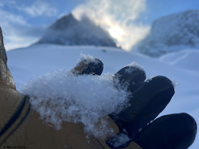 Wildschnee, ein besonders lockerer Neuschnee, hat sich seit Mitte Jänner öfters abgelagert. Kürzlich  fiel Wildschnee auch aus den Nebeldecken. Im Hintergrund erkennt man Schneefahnen aufgrund des zunehmenden Windeinflusses. Östliche Lechtaler Alpen (Foto: 30.01.2023)