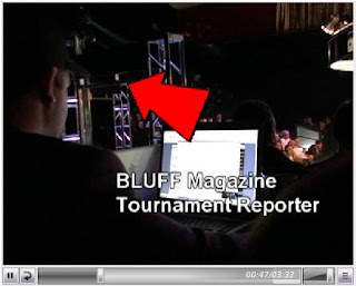 A still from CardPlayer's video depicting a Bluff reporter cutting and pasting chip counts