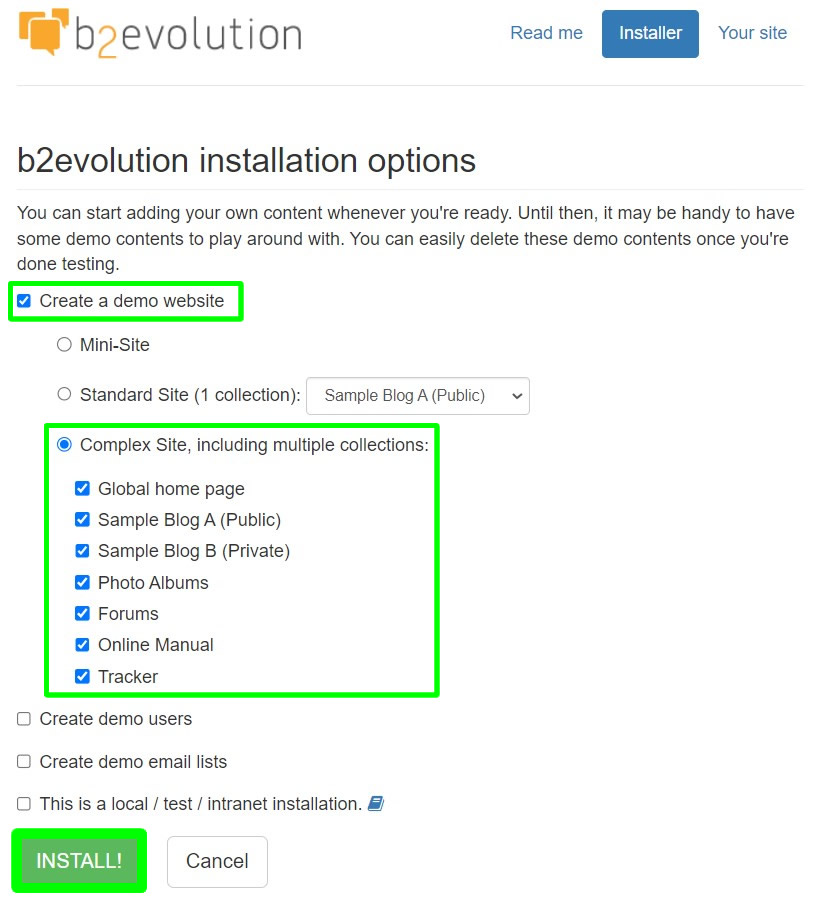 b2evolution installation create demo site